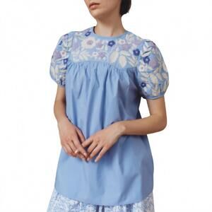 NEW THIERRY COLSON olympia printed bateau neckline blouse in baby lavander